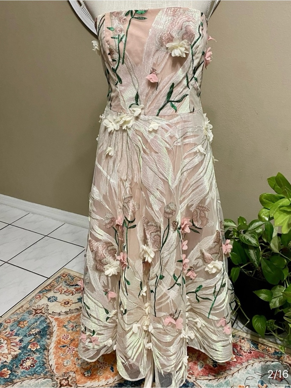 Dress the Population Strapless Floral Appliqué Midi Dress in Blush & Ivory XL